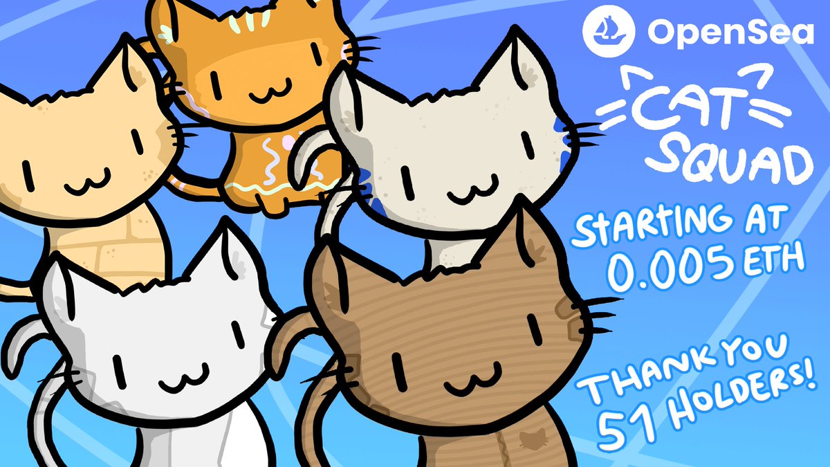 CatSquadNFT is back! 😻😻
New drops coming soon!  

Starting at only 0.005 🎊
12 / 111 Cats left unsold!

Get your lovely companion today! ❤️
opensea.io/collection/cat…

#NFT #NFTs #NFTCommunity #NFTartists #NFTdrops #OpenSeaNFT #NFTProject #cryptoartist #NFTdrop