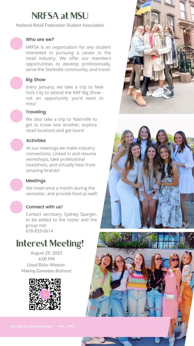Don’t miss the National Retail Federation Student Association interest meeting on Tuesday, August 29! 🗓️
NRFSA is an organization for any student interested in pursuing a career in the retail industry.

Follow them on instagram @msu_nrfsa  for more information!