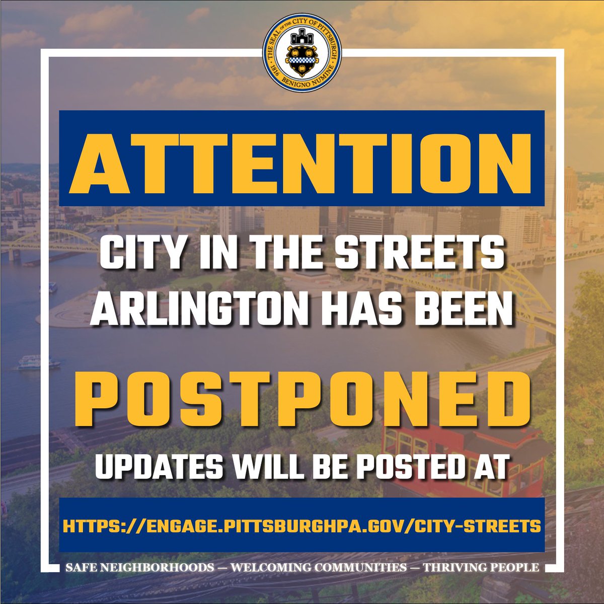 We have decided to postpone tonight’s City in the Streets to allow our public safety bureaus to focus on the ongoing situation in Garfield today.

Stay tuned to our social media channels and on the City in the Streets EngagePGH page for an updated date. engage.pittsburghpa.gov/city-streets