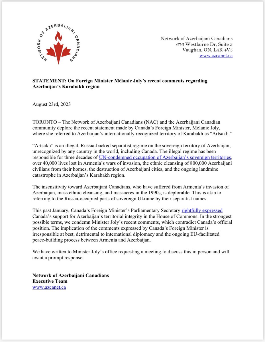 Network of Azerbaijani Canadians (@azcanet) on Twitter photo TORONTO - Please see our statement regarding Canada’s Foreign Minister, Hon. <a href="/melaniejoly/">Mélanie Joly</a>’s recent comments regarding Azerbaijan’s Karabakh region.
In the strongest possible terms we condemn the usage of illegal separatist terminology in reference to Azerbaijan’s sovereign TORONTO - Please see our statement regarding Canada’s Foreign Minister, Hon. <a href="/melaniejoly/">Mélanie Joly</a>’s recent comments regarding Azerbaijan’s Karabakh region.
In the strongest possible terms we condemn the usage of illegal separatist terminology in reference to Azerbaijan’s sovereign