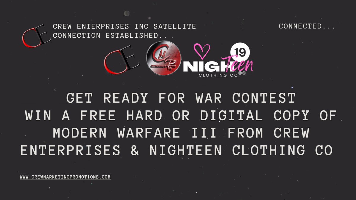 New Contest Begins
10.01.23.
#contests #crewmarketingpromotions #CallofDutyModernWarfare #crewenterprises