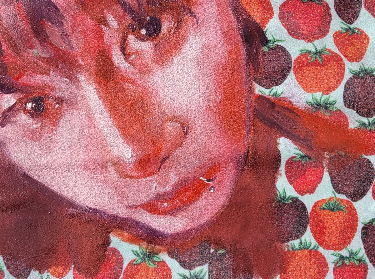 ok I tried to paint boba jk on this strawberry fabric I found?