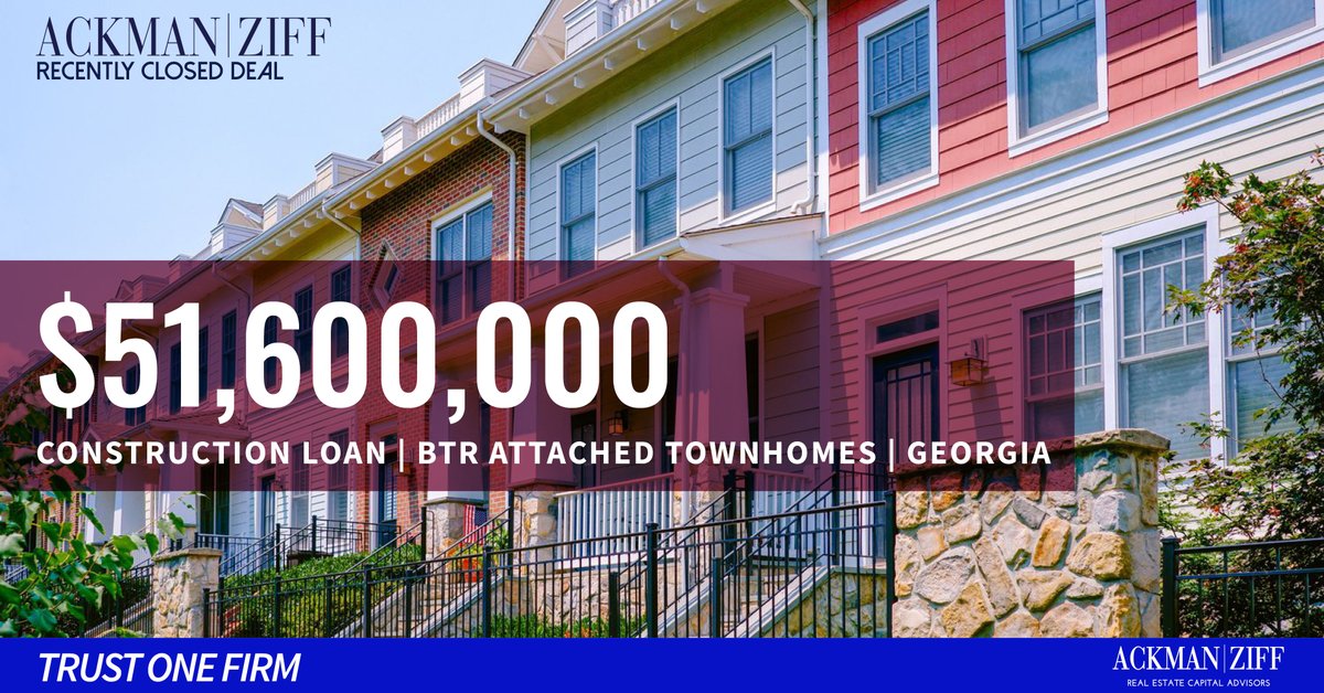 Congratulations to our @Ackmanziff team, client, and lender for closing a $51,600,000 construction loan on BTR attached townhomes in Georgia. @Ackmanziff is proud to have been chosen as your trusted advisor.

#trustedadvisors #cre #realestate #sfr #constructionloan #bfr #btr #ga