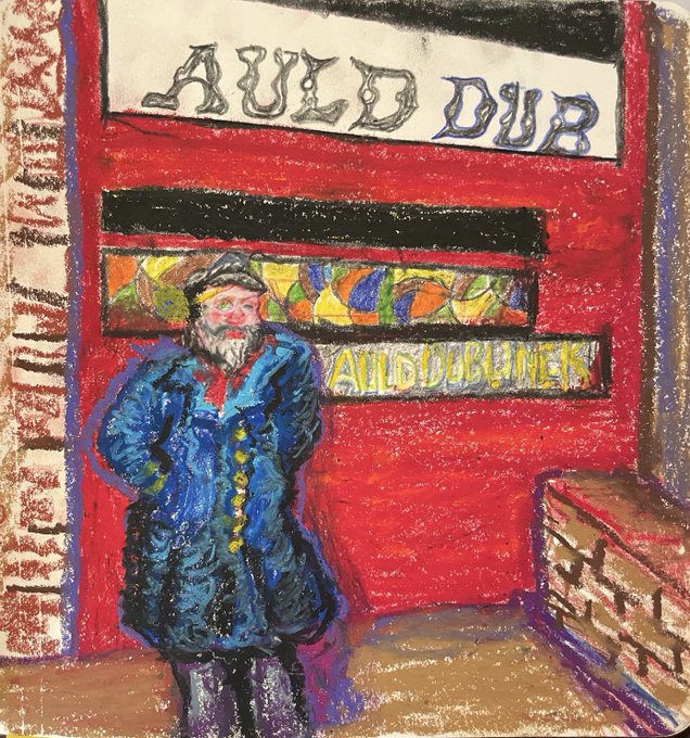 b2sure's tweet image. My latest oil pastel piece pays homage to the vibrant soul of Temple Bar's iconic gem, The Auld Dubliner. Amid the cultural symphony of Dublin, this bar stands tall, offering a haven of relaxation by day and a hub of laughter and camaraderie by night.