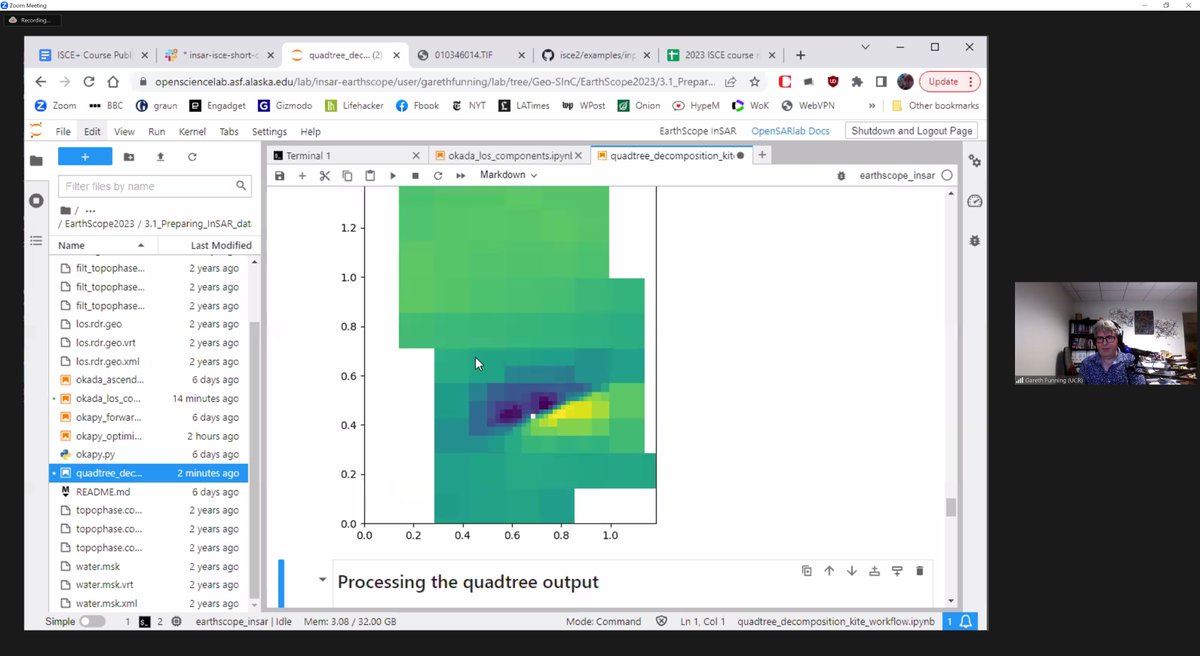 SARevangelist's tweet photo. 🚨Day 3 of @EarthScope_sci InSAR training🚨
@gfun showing how to model #InSAR data of earthquakes using models such as Okada 🥳 including preprocessing options.
#FunWithFringes using #opensource Python code &amp; @ProjectJupyter in @Ak_Satellite #OpenScienceLab! 🎉
#GoldenAgeOfSAR https://t.co/Y8yPqiTZAD