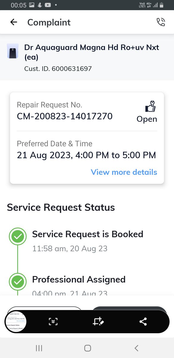 SrirangaB's tweet photo. @EurekaForbes Can I get a status update on my request?  It is 24th and no sign of the service engineer who was to come on 21st. https://t.co/lFPSoHyU3h