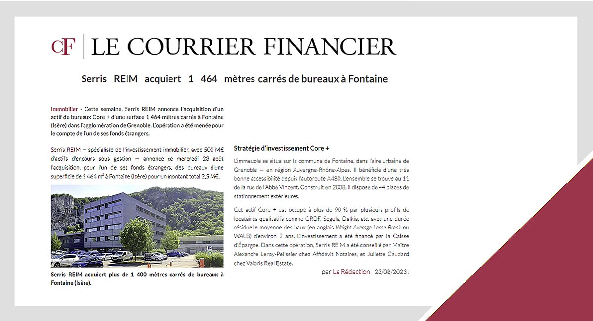 SerrisReim's tweet photo. 📢#NelleAcquisition 
🔗@lecofi1 : @SerrisReim  acquiert 1 464 m² de bureaux à 📍Fontaine (Isère) pour le compte de l'un de ses fonds étrangers. 🔎Cet actif #Core+ est occupé à plus de 90 % par des locataires qualitatifs comme @GRD , @Segula, @dalkia ...
https://t.co/n9lBGGHYH3 https://t.co/xQ95N1SyhK