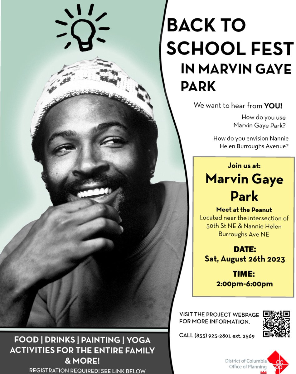 This Saturday, Aug. 26 at 2pm we are hosting a free, all-ages community event in Marvin Gaye Park as part of our Nannie Helen Burroughs Small Area Plan.  

Come enjoy activities and discuss plans for the neighborhood. Free backpacks and school supplies! t.ly/aMjEk