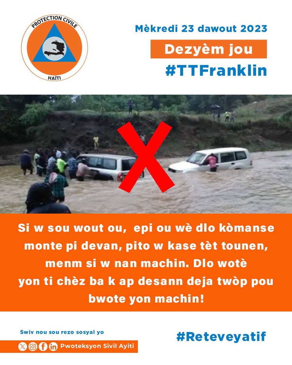 Pwoteksyonsivil's tweet photo. #TTFranklin| Pa bliye nou anba move tan #lapli🌧️
Toujou sonje di moun yo tanpri souple, pa janm janbe dlo k ap desann, ni apye, ni sou moto, ni sou bèt, ni nan machin.
Jaden, mache ak tout lòt aktivite yo ka tann!
#Reteveyatif
#Fèmesajlapase https://t.co/uTNd8UDYrC