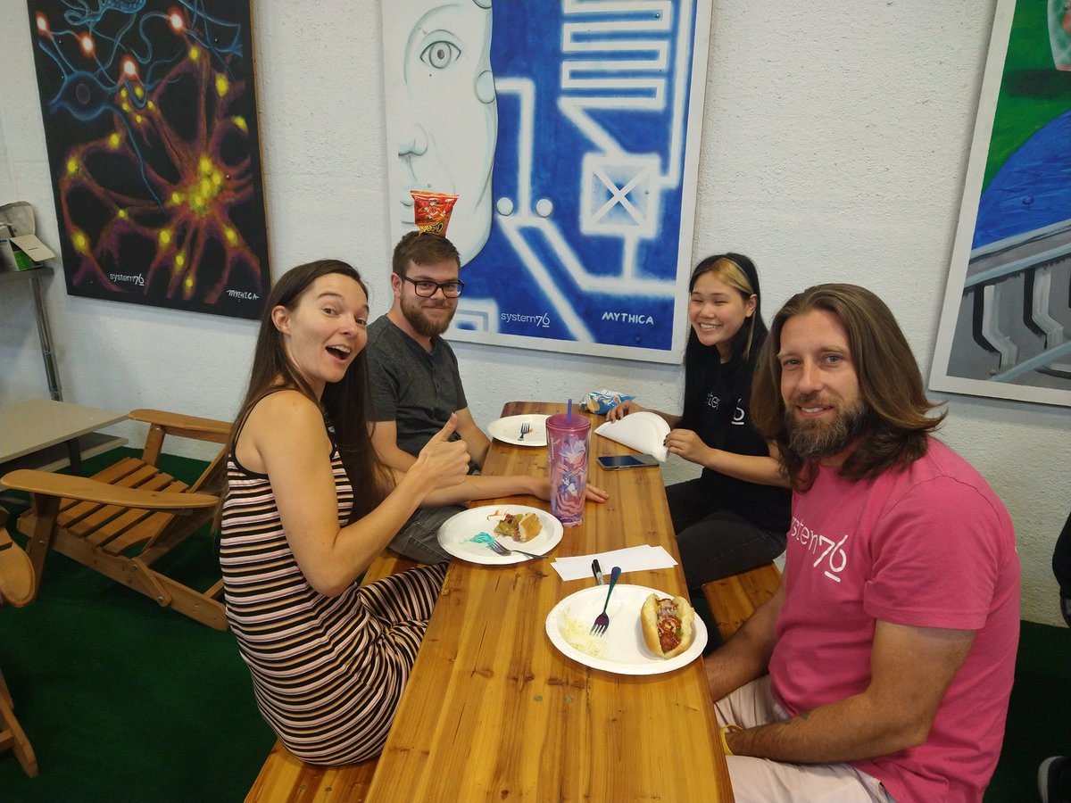 system76's tweet photo. It's hot dog day @System76! Every month, we have a celebration for our employees' birthdays and work anniversaries. We have such a great team! https://t.co/8EZ4VssaMz