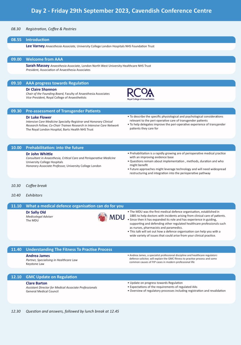 AoAA_uk's tweet photo. Only a month till the annual 
Anaesthesia Associate conference! 
Day one: Great workshops
Days two:
A great line up of speakers from the GMC, MDU, NHSE, UCL, Keystone law, Sedate UK and what promises to be a brilliant house debate led by Prof Ramani Moonesinghe and Dr Jim Down.👇 https://t.co/eQMsNkj6Om