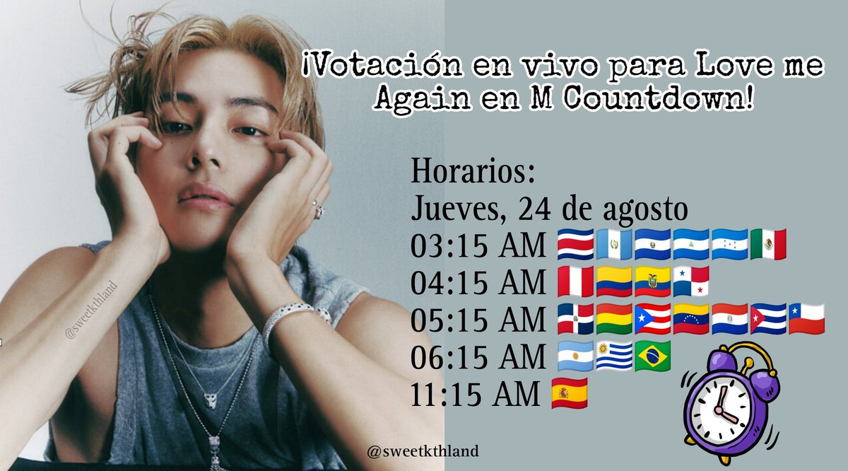 sweetkthland's tweet photo. 📢— ¡MORADAS, COLOQUEN SUS ALARMAS Y DIFUNDAN PORQUE TENEMOS VOTACIÓN EN VIVO EN M COUNTDOWN!

'Love me again by #V' tiene posibilidades de obtener su primera victoria, para eso debemos contar con tu apoyo. Aquí tienen los horarios

↓ Más info &amp; tutorial

#LoveMeAgain https://t.co/9GQwCEdGTV