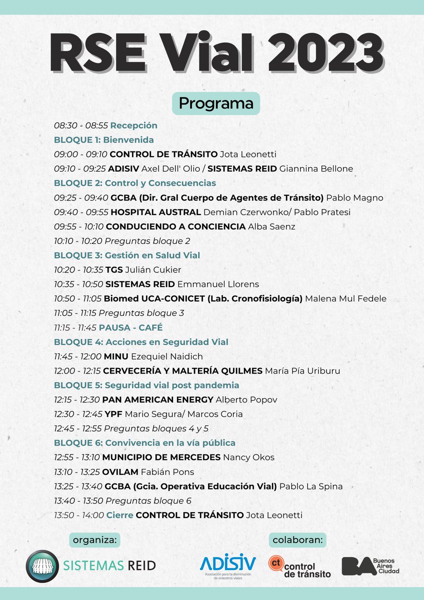 SistemasReid's tweet photo. 📣 Programa 𝗥𝗦𝗘 𝗩𝗶𝗮𝗹 𝟮𝟬𝟮𝟯
✨Compartimos los disertantes de la 7ma jornada de Cultura Preventiva Vial
📅Miércoles 6 de septiembre, 08:30hs
📍Salón Dorado, Casa de la Cultura (Av. de Mayo 575, CABA)
✅ Actividad gratuita, inscripción acá: https://t.co/qaDNz6ipCw https://t.co/yKaaYkXiXv