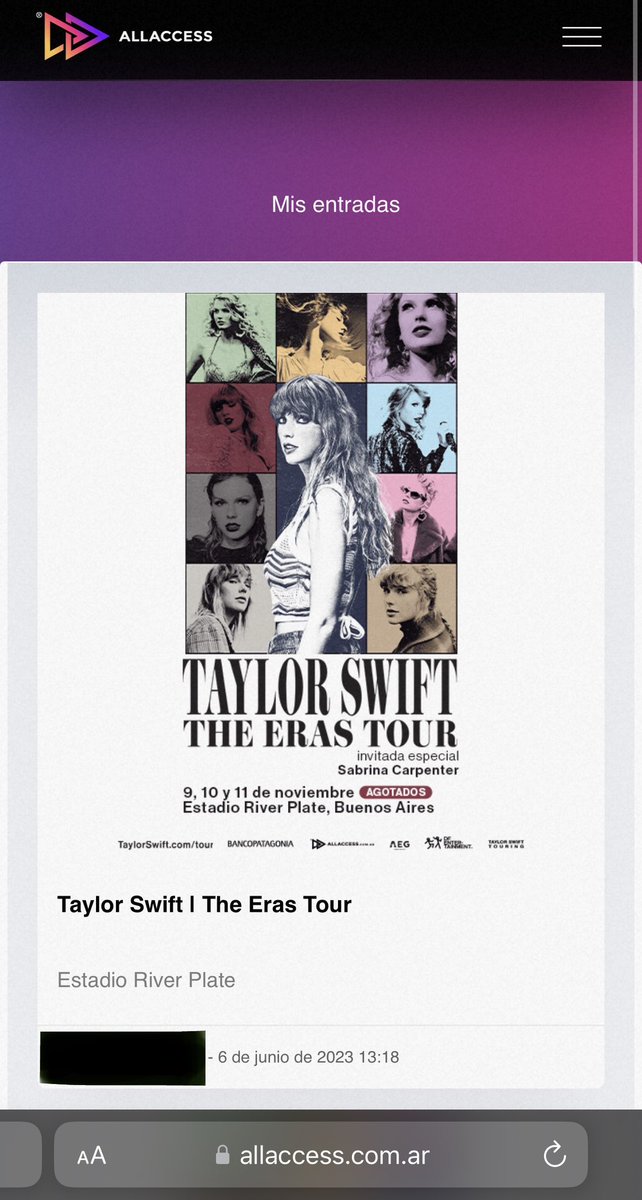 the_erasticket's tweet photo. REVENTA ENTRADAS DE TAYLOR SHOW ARGENTINA! 🎶🇦🇷

Sección Sivori Alta - 11/11
Envío por Quentro 🎫
Pago en USD por Paypal 💸
Enviamos videos/fotos de prueba 

Más info al DM 💌

#TaylorSwift #TheErasTour #BuenosAiresTSTheErasTour #chile #argentina #peru #Venezuela https://t.co/TUrhY8vBjj