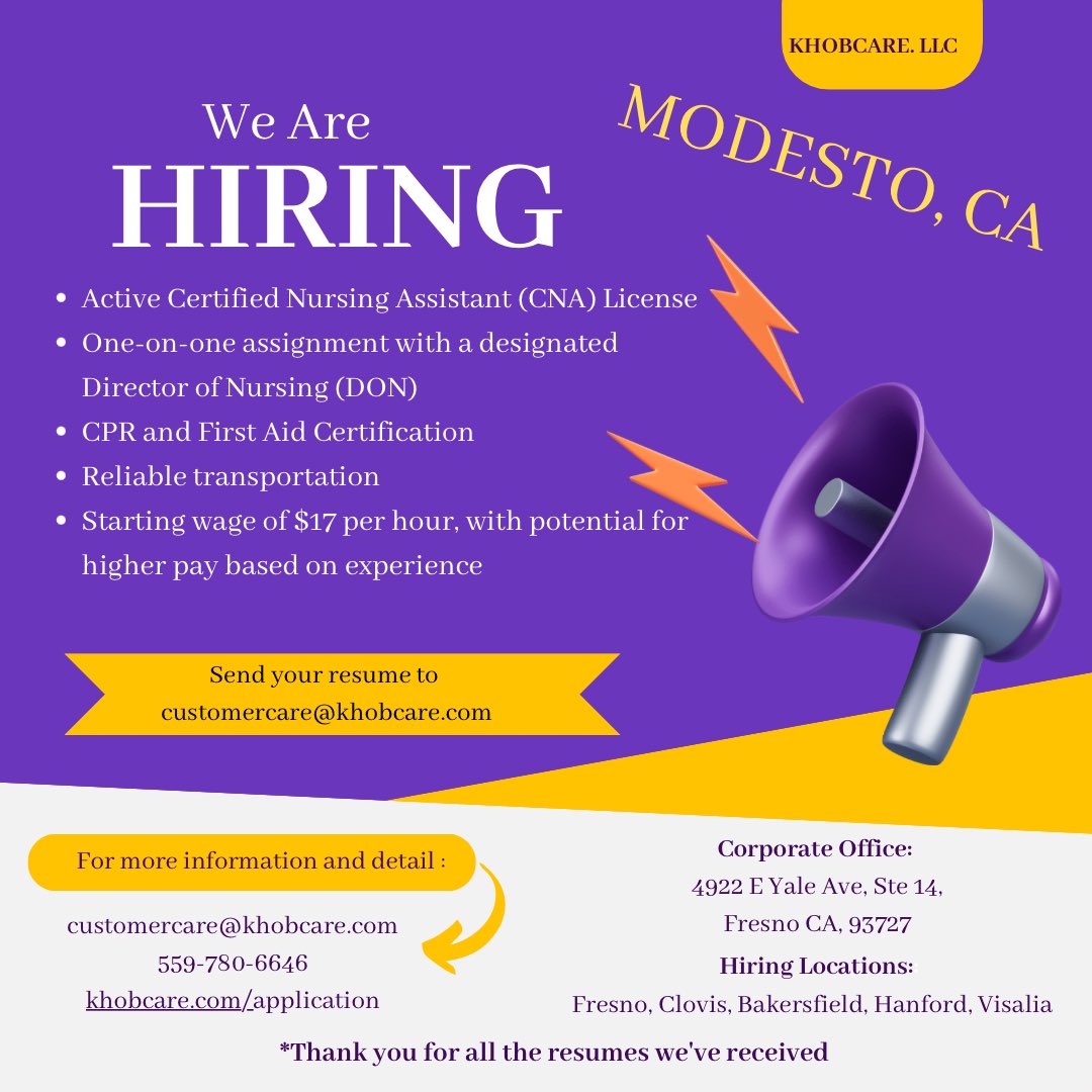 khobcare's tweet photo. "🌟 Join our compassionate team in Modesto, CA! 🌟 We're thrilled to announce that we have a wonderful opportunity for a CNA position with one of our cherished returning clients. 🏥💙🎉 Email your resume to customercare@khobcare.com 
#NowHiring #CNAjobs #ModestoCA https://t.co/AV8l8zJ3TL