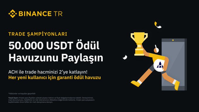 #Binance TR’de Trade Şampiyonları başlıyor. 🏆50.000 #USDT ödül havuzunu paylaşmak için alım-satım yarışmasına katılın ve en yüksek işlem hacmine ulaşın. Ayrıca $ACH alım satımı yaparak hacminizi 2’ye katlayabilirsiniz. Detaylar: bit.ly/TradeSampiyonl… Üye değilseniz üyelik…