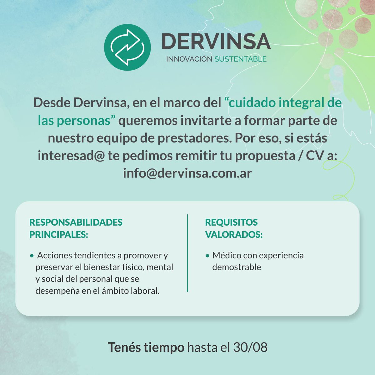 Dervinsa_'s tweet photo. Desde Dervinsa, en el marco del "cuidado integral de las personas", queremos invitarte a formar parte de nuestro equipo de prestadores. Por eso, si estás interesad@ te pedimos remitir tu propuesta/CV a: info@dervinsa.com.ar https://t.co/D4h983zBSB
