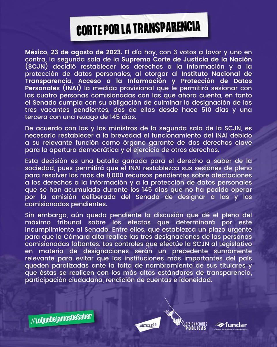 📣 Hoy, la 2.ª sala de la <a href="/SCJN/">Suprema Corte</a> decidió a favor del #DerechoASaber 👏🏾 al permitir que el <a href="/INAImexico/">INAI</a> sesione con sus 4️⃣ integrantes actuales. Un gran paso, aún falta la discusión del pleno de la Corte sobre los efectos de la omisión del <a href="/senadomexicano/">Senado de México</a>‼

#CortePorLaTransparencia