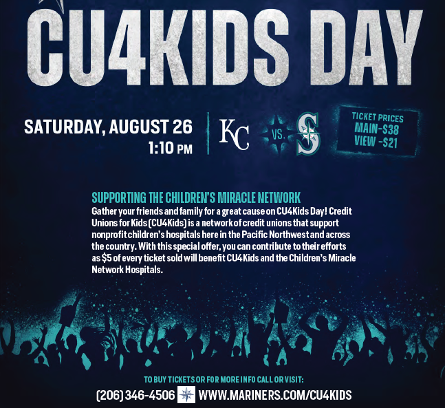Sound_CU's tweet photo. CU4Kids Day is coming! Join us and our network of credit unions this Saturday, August 26 at the Mariners game to support CU4Kids and the Children's Miracle Network Hospitals.

For more information, visit https://t.co/F2Ic0jHopH. https://t.co/JvxiAi657v