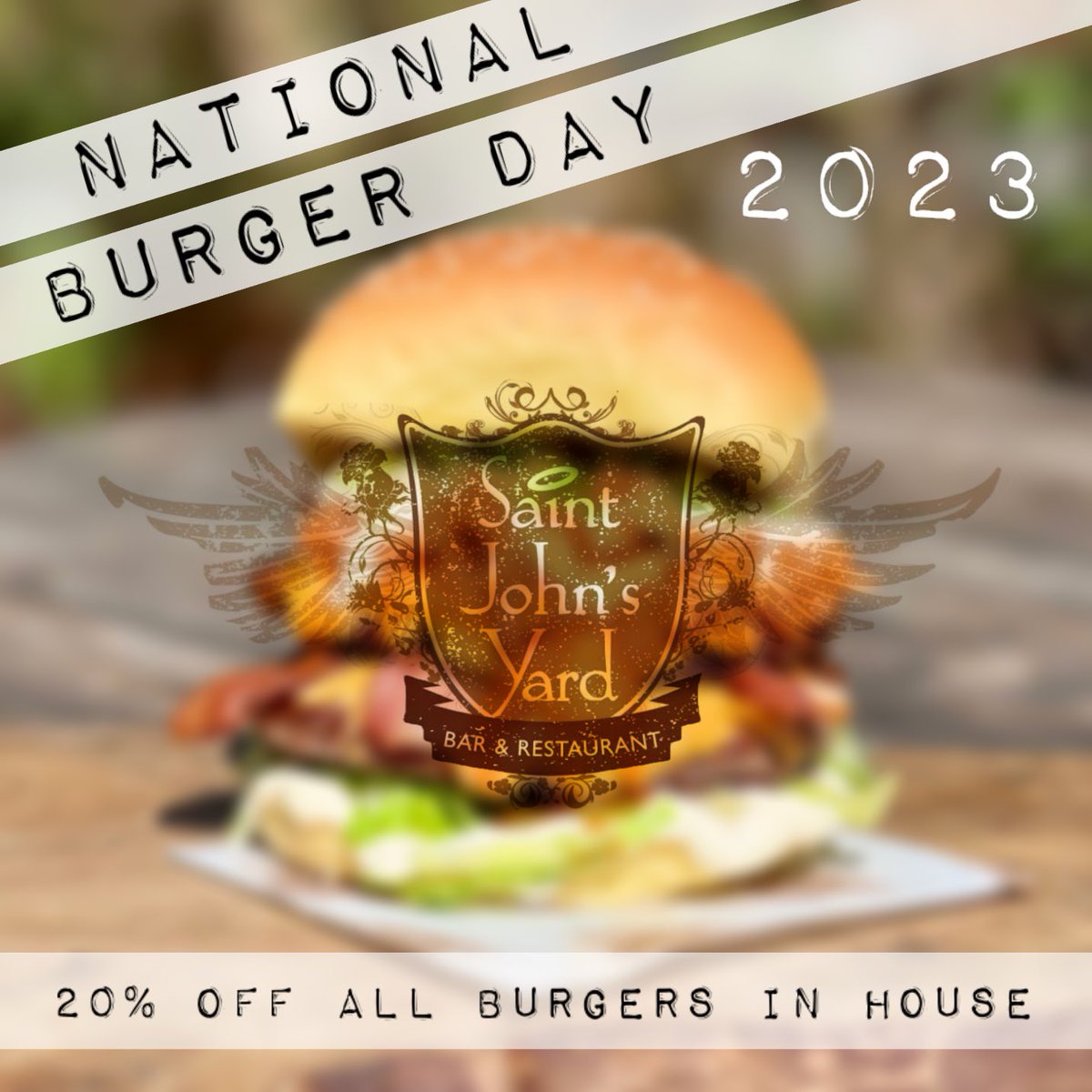 Tomorrow is NATIONAL BURGER DAY! 
And as always we have treated you to a special burger that will be available for ONE DAY ONLY! Check in with us tomorrow to find out all the details 😉
ALL burgers in house will be a whopping 20% OFF! Book your table now: saintjohnsyard.com