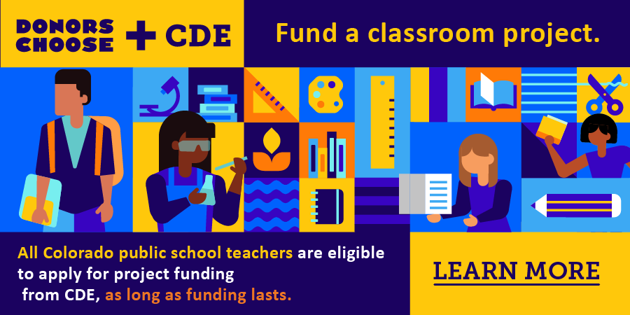 codepted's tweet photo. Calling all Colorado public school educators! CDE is distributing up to $1,000 for classroom supplies to help students recover from the impact of COVID-19. #edcolo
Sign up with @DonorsChoose now while funding lasts! https://t.co/nrekiXTOAz https://t.co/SrxUGTcIC4