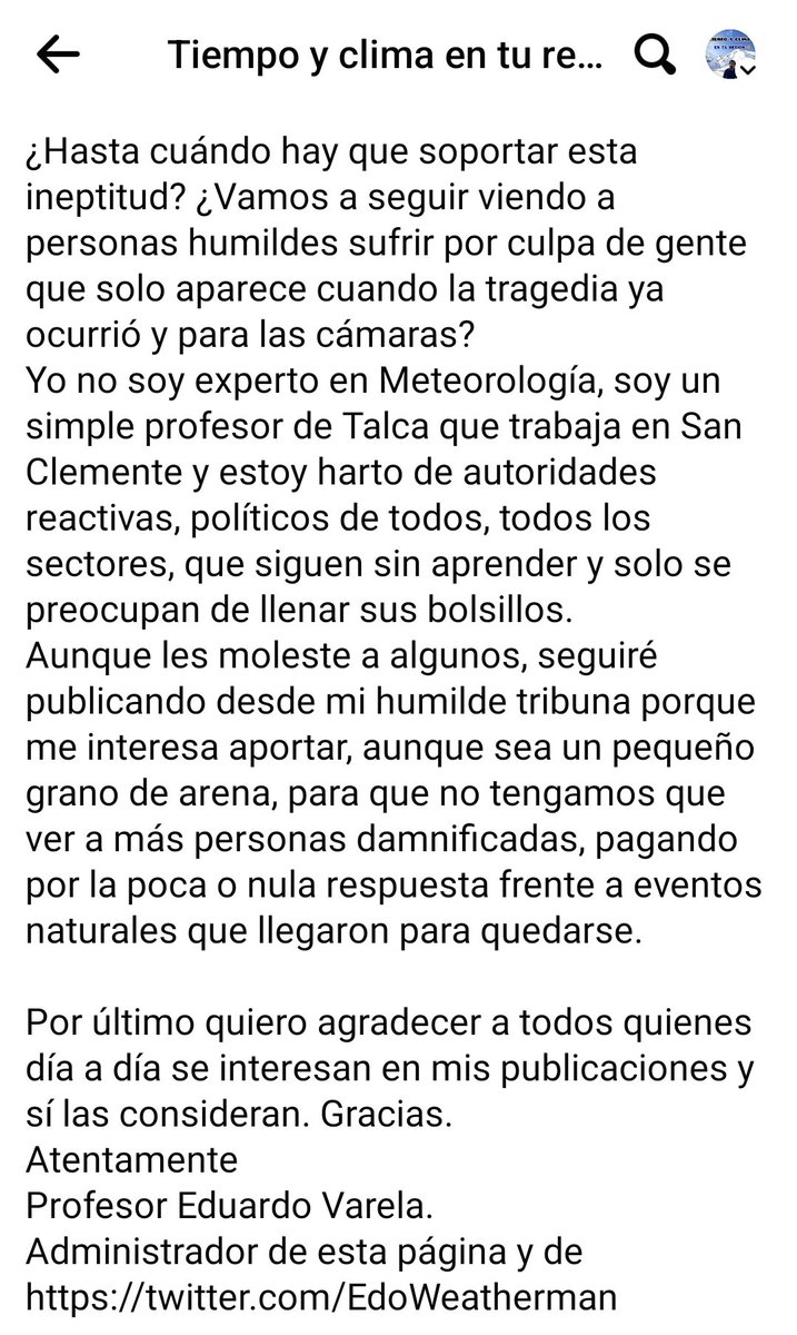 EdoWeatherman's tweet photo. Reflexión del profesor.

Quiero compartir con ustedes la siguiente reflexión tras las históricas y catastróficas lluvias de la zona central y sur de Chile. https://t.co/HkOrX9tvgu