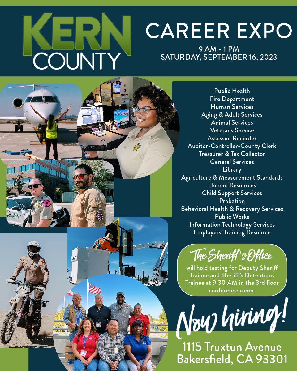 CountyofKern's tweet photo. If you’re looking for a meaningful career where YOU can make an impact — look no further than joining our team! 💪

Job seekers are invited to attend our upcoming Career Expo on Saturday, September 16, 2023, from 9 a.m. to 1 p.m. at our Kern County Administrative Center at 1115 Truxtun Avenue, Bakersfield, CA, 93301.

Dozens of departments will be on hand recruiting for extra-help and full-time positions, offering on-the-spot interviews, and giving potential hires the opportunity to get to know their teams.

Additionally, @KernCoSheriff will be testing for Deputy Sheriff Trainee and Sheriff Detentions Trainee positions at 9:30 a.m. in the 3rd floor conference room.

To view all Kern County job openings and to apply, please visit https://t.co/sJE9fv67X5.

For more information on this event, visit https://t.co/XZQ4nunJ81