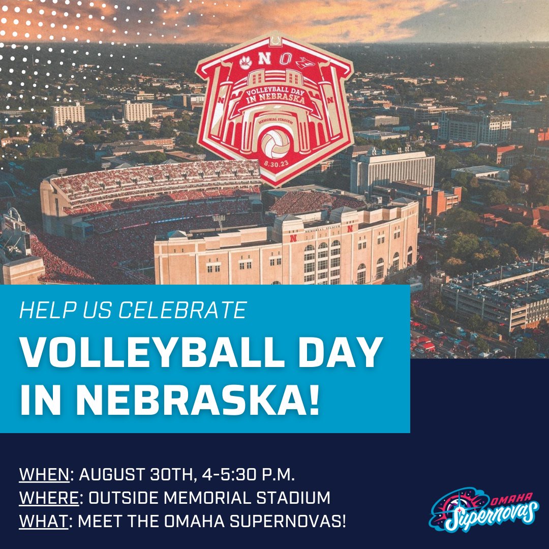 Join us on August 30th from 4-5:30 P.M. CT outside Memorial Stadium to meet the Omaha Supernovas! 🌟

We will be located on West Stadium Drive and on the East Stadium Plaza, near Gate 18. 👍

Then, at 7 P.M., join us in watching @Huskervball take the court! 🤩