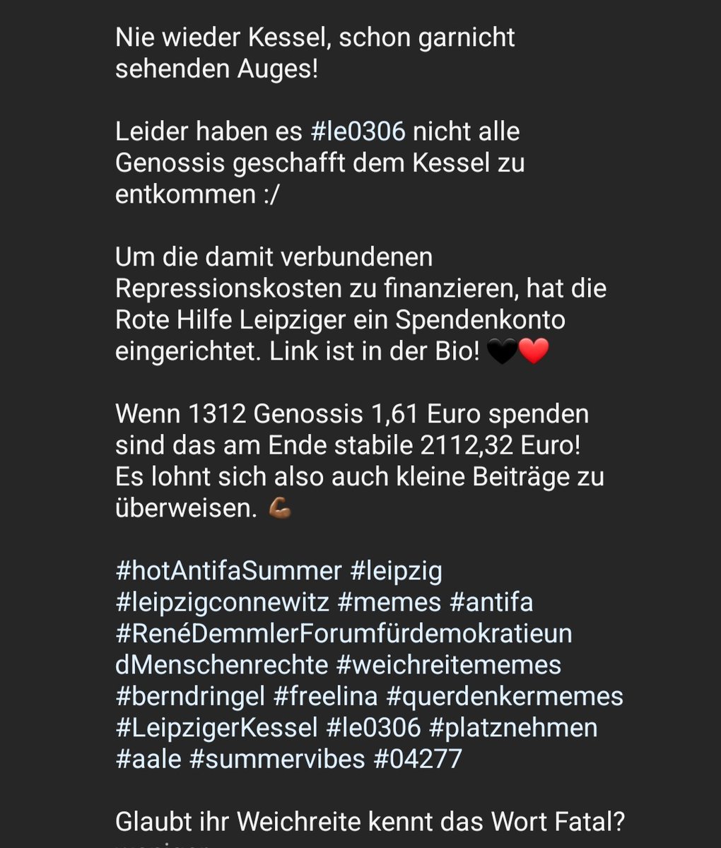 Und auch von uns ein klares NEIN. Wir haben weder vergeben, noch vergessen, welche Repression/Erniedrigungen in #le0306 u #le0406 unseren Kindern im #LeipzigerKessel von z.T. zugekoksten Cops angetan wurden. 
Wir fordern endlich Aufarbeitung!
Soligemopst von @Space_Antifa ❤️🖤.