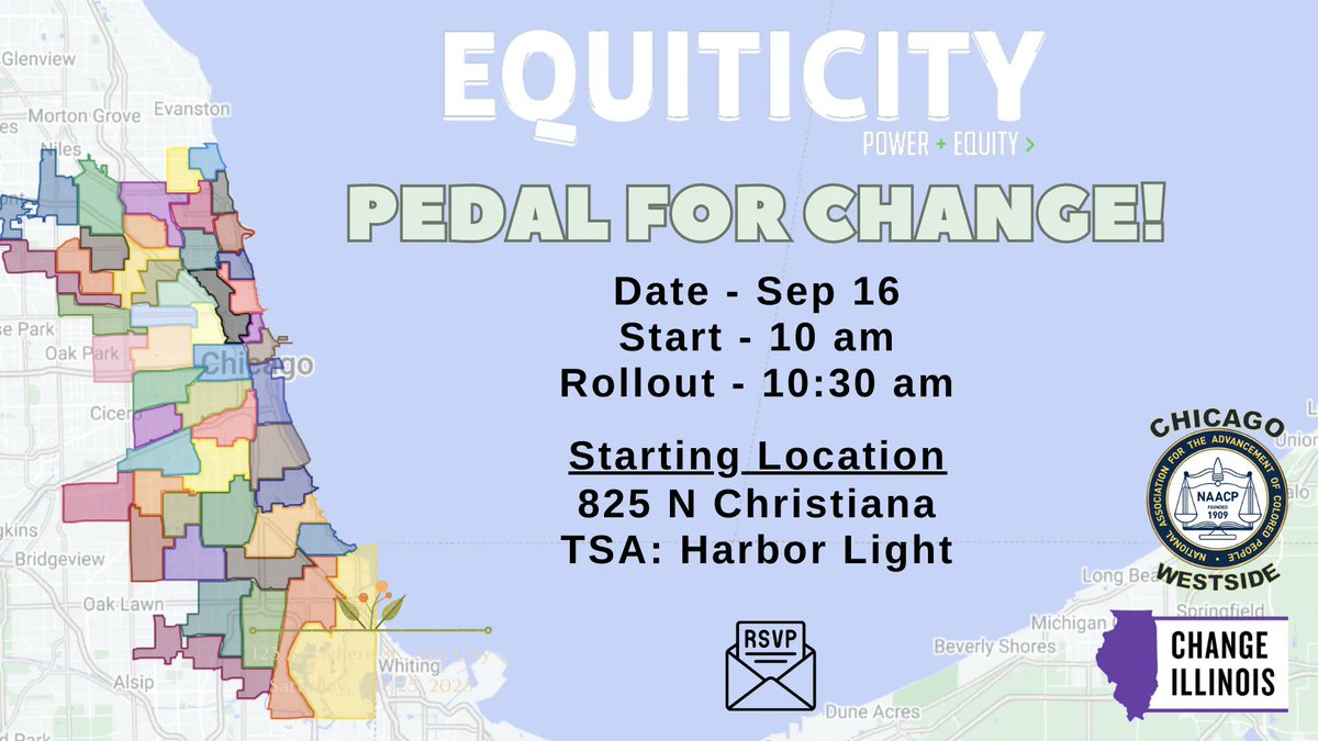 CHANGEIL's tweet photo. Please join CHANGE Illinois, @Equiticity, and @chgowestnaacp for a fun and informative bike ride through the 27th Ward and #PedalForChange to help us raise awareness around the effects of partisan gerrymandering! 🚲 🗺️ ✊🏾

RSVP at https://t.co/rANqt8Rxnz https://t.co/N8yfch6ATu