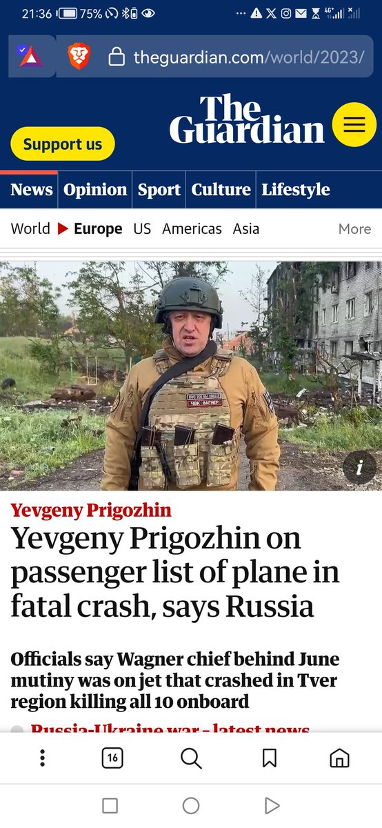 מפקד כח ווגנר פריגושין חוסל ב"תאונת מטוס" פריגושין כזכור הוביל לפני כחודש ניסיון הפיכה נגד פוטין בדרכו למוסקבה. ככל הנראה טיל פגע במטוס שבו טס פריגושין. 10 נהרגו.