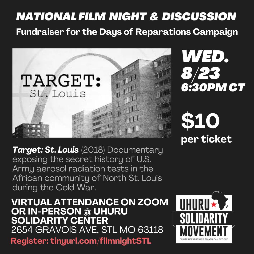 UhuruSolidarity's tweet image. TONIGHT! GET YOUR TICKET: tinyurl.com/FilmNightSTL and support the Days of Reparations to African People Campaign!

Attend virtually via Zoom or in-person @ the Solidarity Center in St. Louis! 

#FilmNightSTL #Reparations #DaysOfReparations #STL #FilmScreening #PoliticalEducation