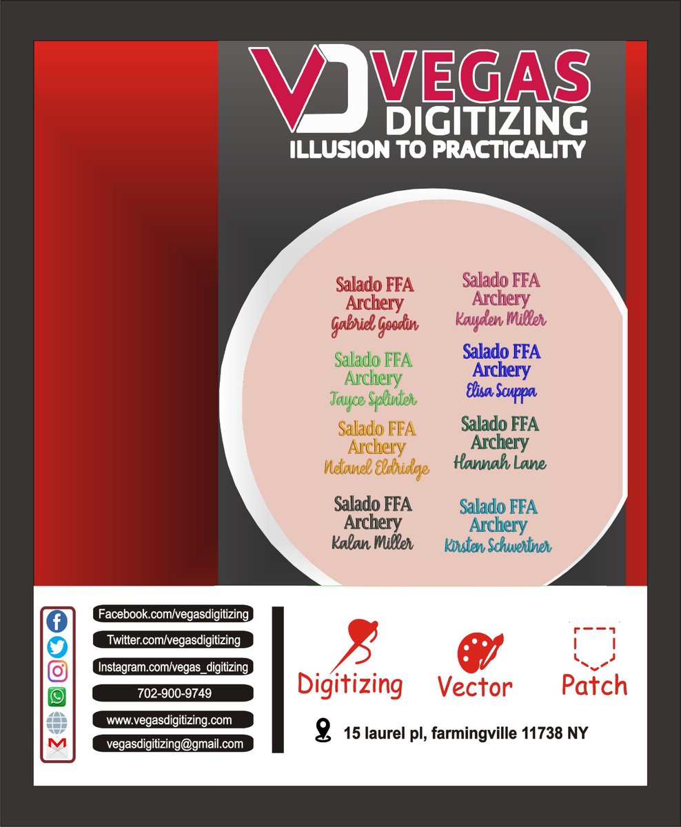 VegasDigitizing's tweet image. Get digitized your ideas into reality with our experts.

#Hat #Cap #Leftchest #Pocket #Polo #Sweatshirt #Jacket #Bag #Patch #Applique #3Dpuff #Hoodie
#vegasdigitizing #artwork #embroidery #usa    #digitizing #designing #graphics #art #highquality #embroidery #digitize