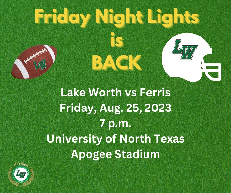 LakeWorthISD's tweet photo. Friday Night Lights is BACK! Bullfrog Football will travel to UNT on Friday, August 25, to take on Ferris at 7 p.m. Tickets are available for purchase at https://t.co/mS8u6rM2Cj. Come out to cheer on the Bullfrogs!🐸🏈 #WorthIt https://t.co/zvjEkkZqh7