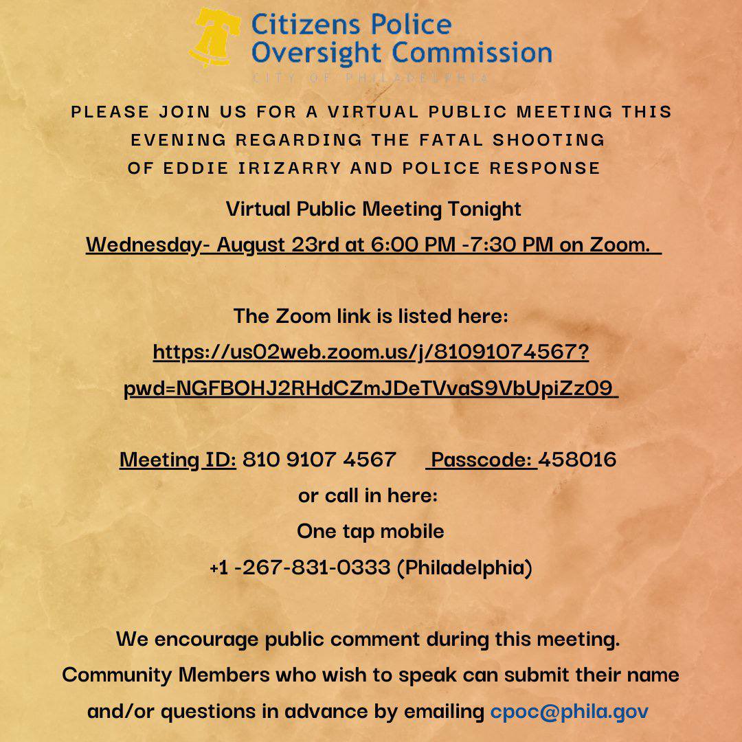The Citizens Police Oversight Commission will be holding a public virtual meeting TONIGHT!