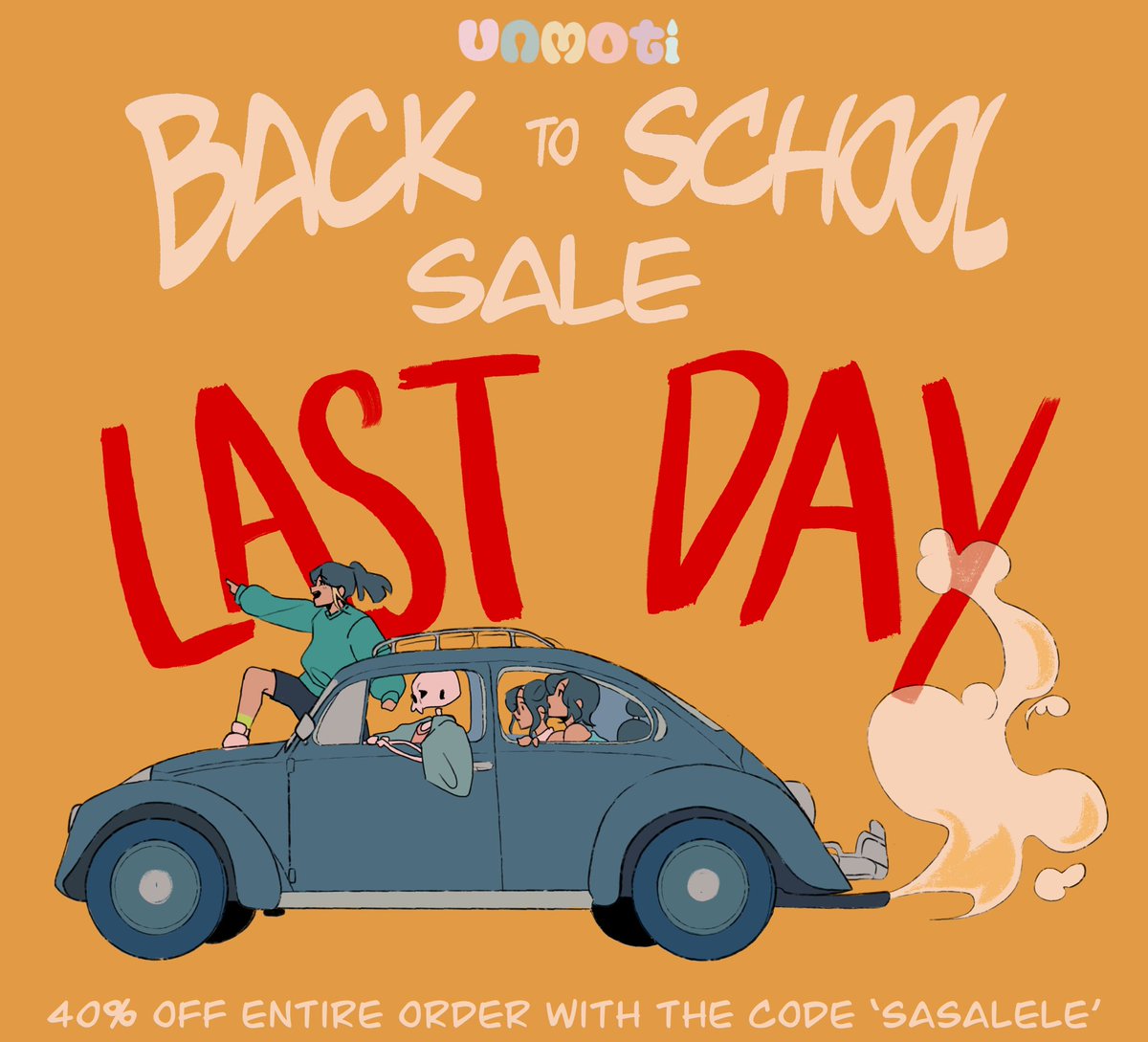 This sale is my recital, I think it's very vital
To rock (a merch), that's right (on time)
It's Tricky is the title, here we go!!!!

LAST DAY OF UNMOTI BACK TO SCHOOL SAY ENDING AT 12AM PST

USE CODE ‘SASALELE’ FOR 40% OFF ENTIRE ORDER
