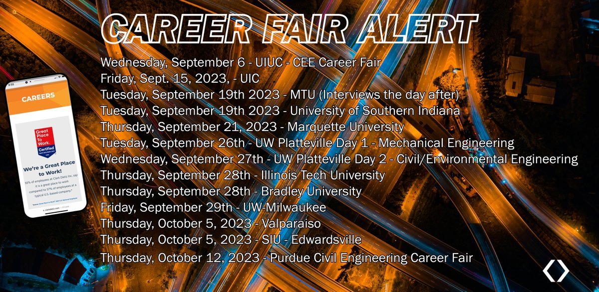 This Fall, Clark Dietz will be attending thirteen career fairs beginning in September. More details for the upcoming Fall 2023 career fairs will be announced in the coming weeks. 

#EngineeringQualityofLife #CareerFairs #Fall2023CareerFairs