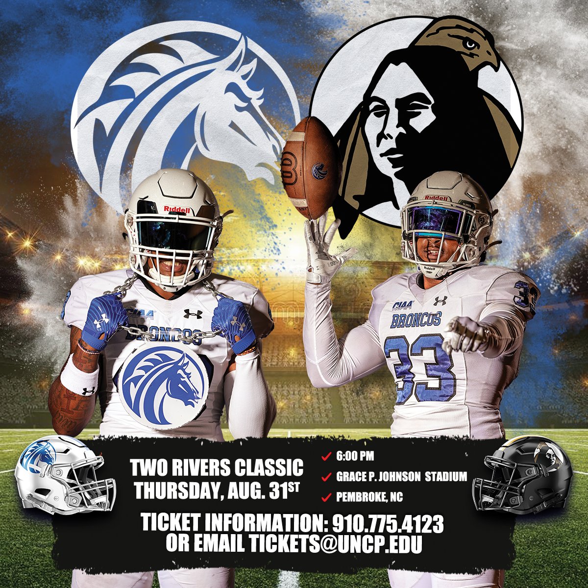 Tickets for the Two Rivers Classic are currently on sale via the UNC Pembroke Ticketing Office.  For information regarding tickets, contact the UNCP Athletics Ticketing Office at 910.775.4123 or reach out by email at tickets@uncp.edu.