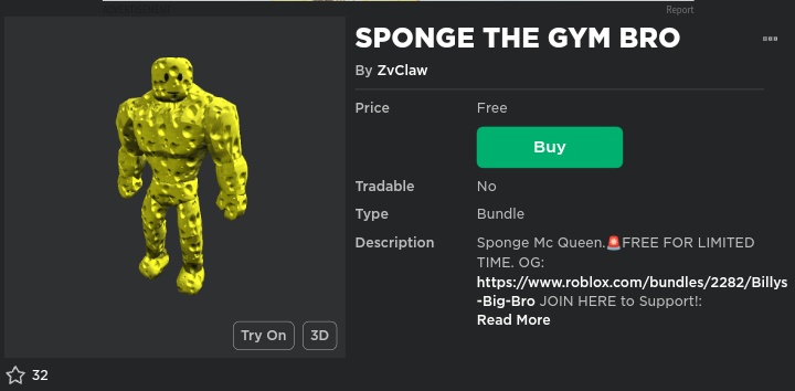 🌀I FREE UGC  ITEM "SPONGE THE GYM BRO" 
By: <a href="/ZvClaw/">ZvClaw</a> 
Link:roblox.com/bundles/2766
#Roblox #RobloxDev $RBLX #RobloxUGC