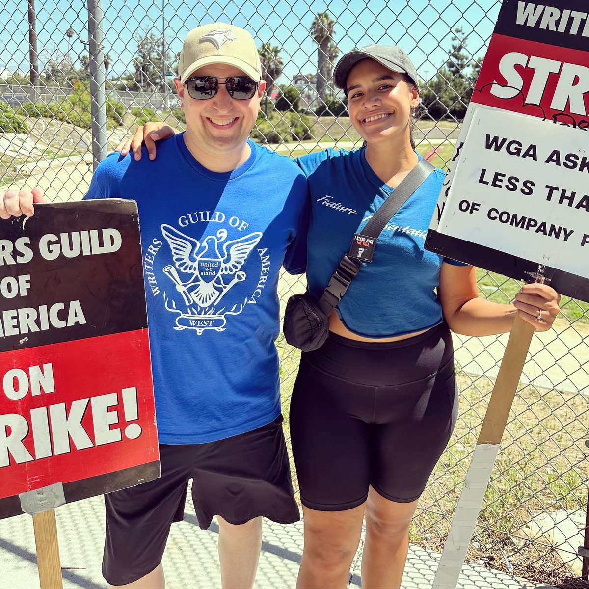 pmiscove's tweet image. Day 114 with @brookebsolomon aka the day after The AMPTP’s shitty “final” counter. Spoiler: We’re not backing down!! It’s time for the studios to seriously negotiate. #wgastrong #sagstrong #hotlaborsummer