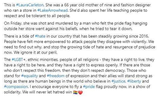 ChrisLeJeune44's tweet photo. Honor #LauraCarleton 
End #Hate now

#LakeArrowhead
#LGBT 
#Pride https://t.co/pmYc2ASoYH