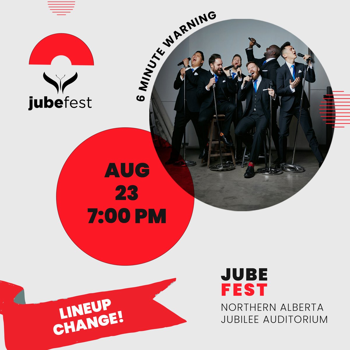 🎶 Tonight's the Night! Get Ready for @6MinuteWarning at Jubefest 🎉

Time: 7:00 PM
Venue: Northern Alberta Jubilee Auditorium

Join us this evening for an electrifying performance by 6 Minute Warning at Jubefest. Tickets at jubileeauditorium.com

#Jubefest #LiveMusic #yyc