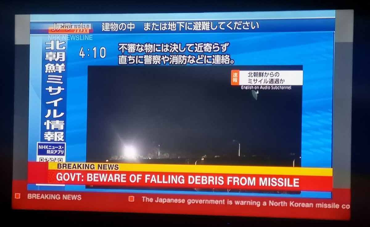 cepavill's tweet photo. Watching from KSA. Emergency announcement from NHK World Japan: North Korean missle likely passed over Japan https://t.co/IxHEq1XfQN