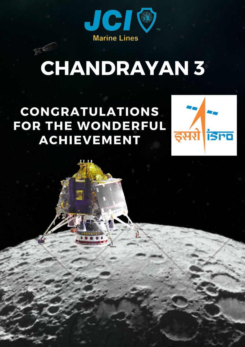 jcimarinelines's tweet photo. Wishing @isro and it's entire Team Congratulations for the Wonderful Achievement and also Thanking them for Making a Mark in Space and Giving India a whole new identity in Space Sector.

#isro #Chandrayaan3Landing #Chandrayaan3 #VikramSarabhai #VikramLander #Rovers #softlanding https://t.co/Bpm8XizjaO