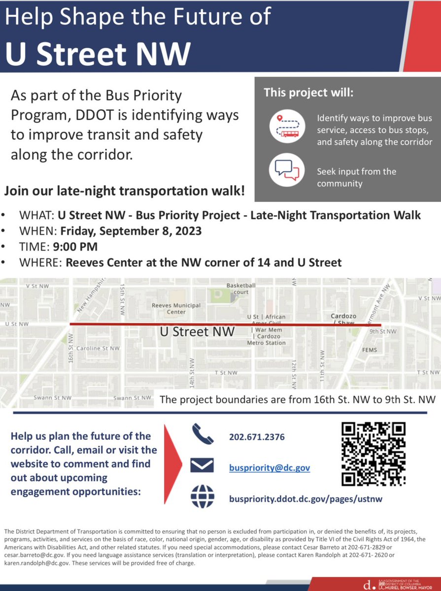 We need your help improving transit along U Street NW! Join @DDOTDC and @dcmonc for a late-night transportation walk to observe the current state & provide feedback directly to project managers of the Bus Priority Program. RSVP to @nightlife@dc.gov 🚌🚏🚌🚏