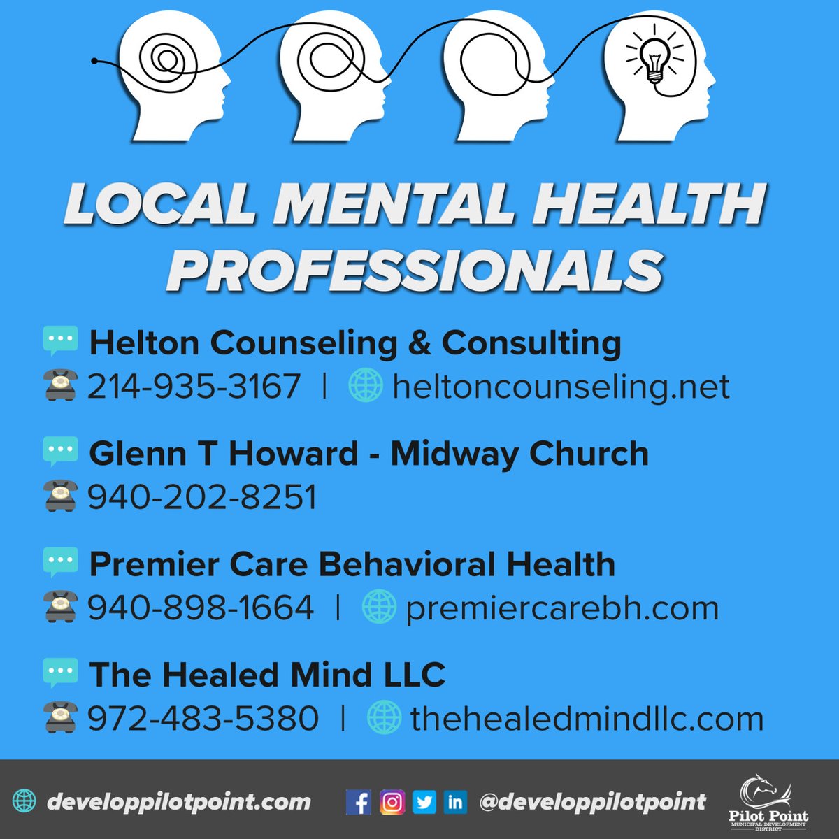 One aspect of #Wellness not talked about enough is our mental health. Please, we encourage you to talk it out, and we have local professionals who can help if needed on your wellness journey.

#NationalWellnessMonth #ItGetsBetter #developpilotpoint