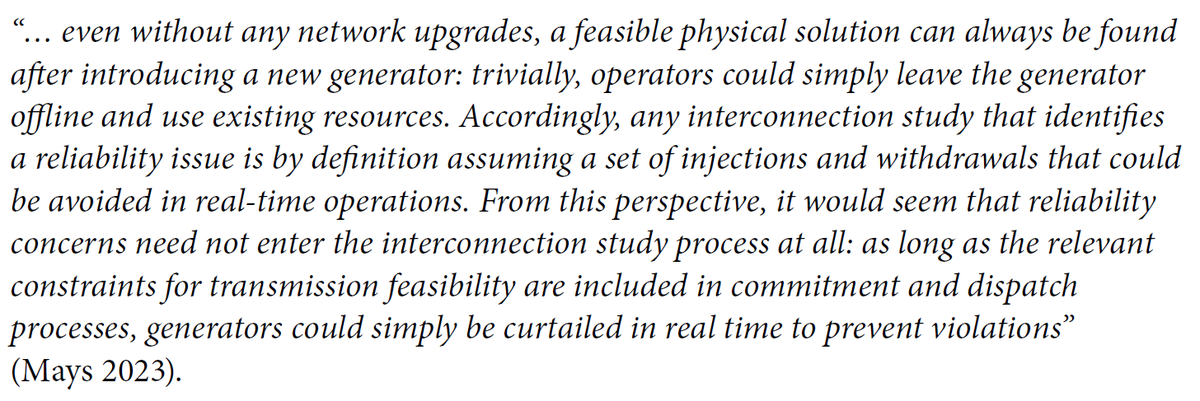 <a href="/ClementsFERC/">Allison Clements</a> I build on recent @Jacob_Mays <a href="/IEEEorg/">IEEE</a> paper, which makes compelling case that most US interconnection (“IX”) processes are internally inconsistent &amp; violate basic principles of efficient markets. Problem starts w/ insufficient consideration of redispatch &amp; curtailment: (5/14)