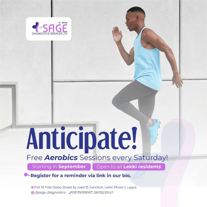 Sage Diagnostics Services Limited present a FREE AEROBIC SESSION starting in September. 

Start small and remain CONSISTENT😁😁
.
.
.
#sagediagnostics #healthylifestyle #repost #consistency #aprokodoctor #medical #services #diagnosis #lekki
