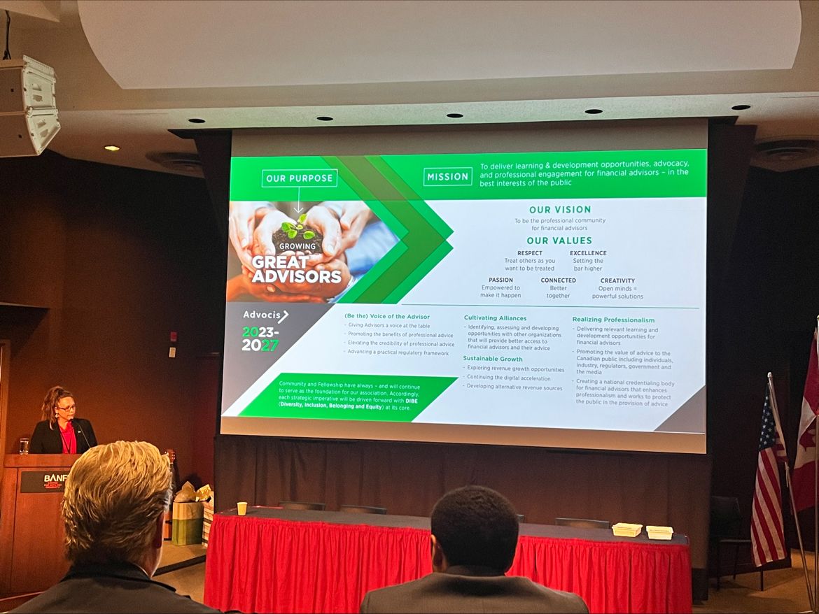 Advocis's tweet photo. Kelly Gustafson, Director at Large on the Advocis TFAAC Board of Directors is pleased to be in attendance @thebanffschool, alongside some other well-known industry leaders, and this morning had the pleasure of delivering a ‘National Update’ to all attendees of the Banff School! https://t.co/OYqy3GRwZ1