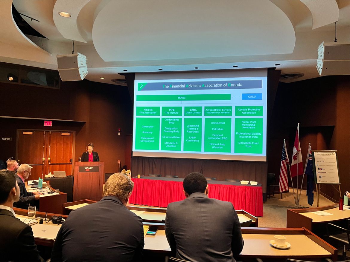 Advocis's tweet photo. Kelly Gustafson, Director at Large on the Advocis TFAAC Board of Directors is pleased to be in attendance @thebanffschool, alongside some other well-known industry leaders, and this morning had the pleasure of delivering a ‘National Update’ to all attendees of the Banff School! https://t.co/OYqy3GRwZ1